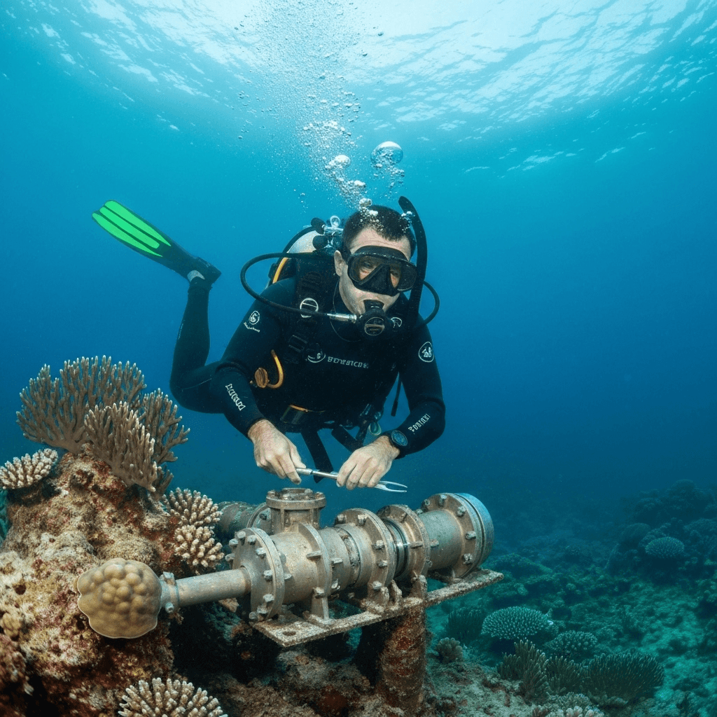 Professional diver troubleshooting electrical wiring underwater