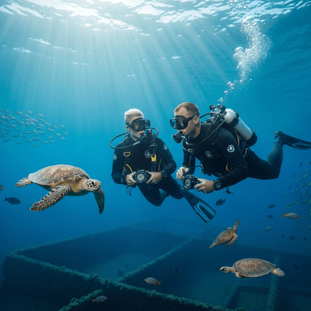 Professional commercial divers working underwater