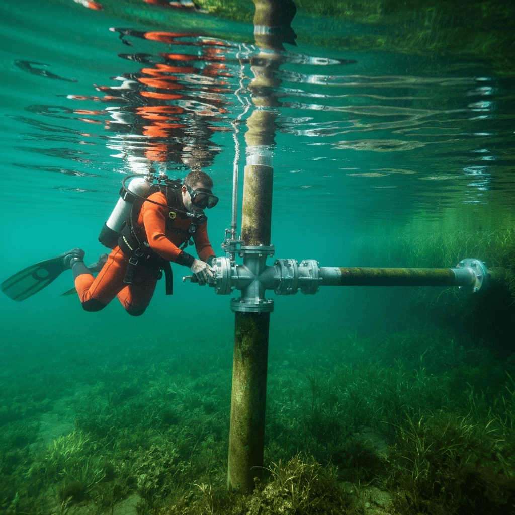Professional underwater lake pump installation scene